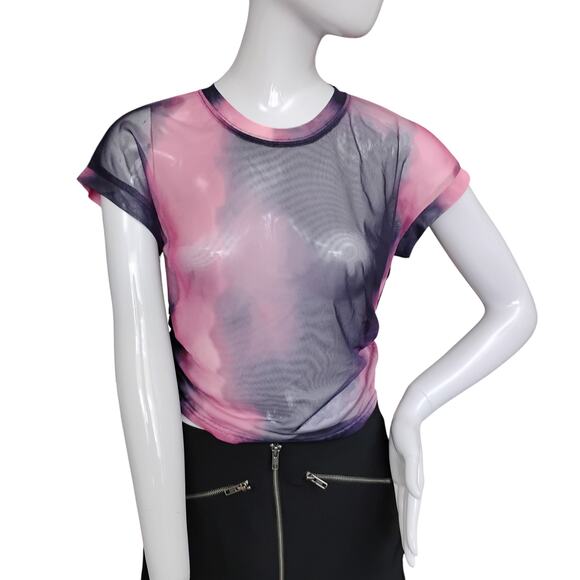 Dazy See Thru Watercolor Top Size Large Pink/Blue Short Sleeve Ruched Sides NWT - Picture 1 of 8